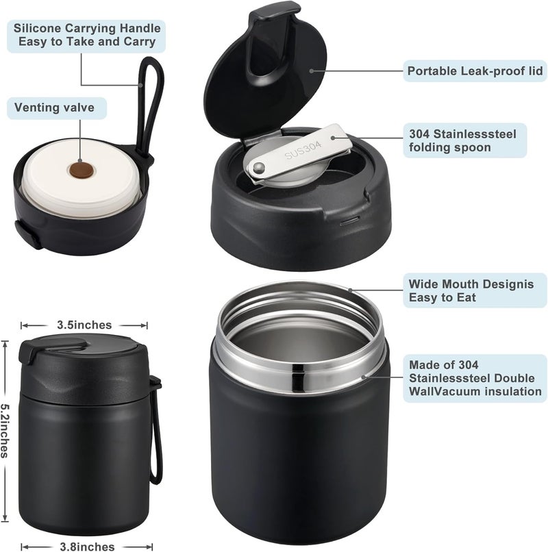 Howeemo 17oz Soup Thermo for Hot Food Kids,Insulated Food Jar with Spoon,Thermo Hot Food Lunch Container,Wide Mouth Leakproof Stainless Steel Lunch Box for School-Black - Image 2